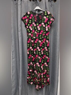 Joseph Ribkoff Signature Floral Sheath Dress with Pink Embroidery